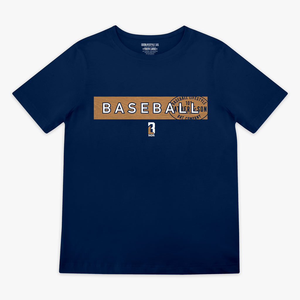Flat lay front view of the BL101 Radar Tee in navy featuring a wood grain baseball bat graphic with BASEBALL lettering and Father & Son Bat Company stamp overlaid on the chest, with the BL101 logo below.