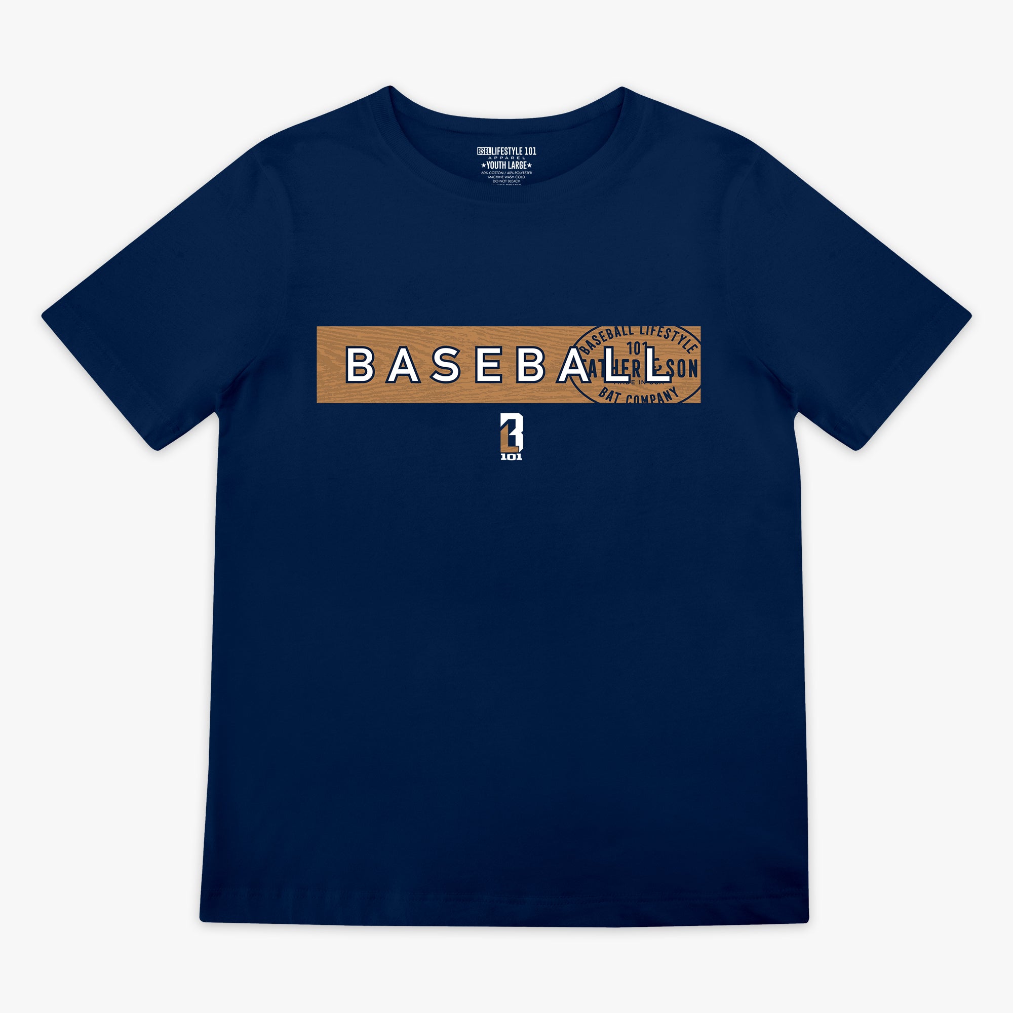 Flat lay front view of the BL101 Radar Tee in navy featuring a wood grain baseball bat graphic with BASEBALL lettering and Father & Son Bat Company stamp overlaid on the chest, with the BL101 logo below.