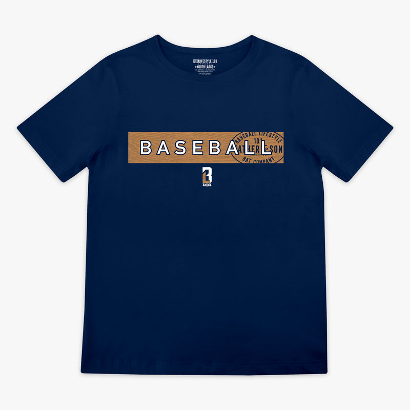 Flat lay front view of the BL101 Radar Tee in navy featuring a wood grain baseball bat graphic with BASEBALL lettering and Father & Son Bat Company stamp overlaid on the chest, with the BL101 logo below.