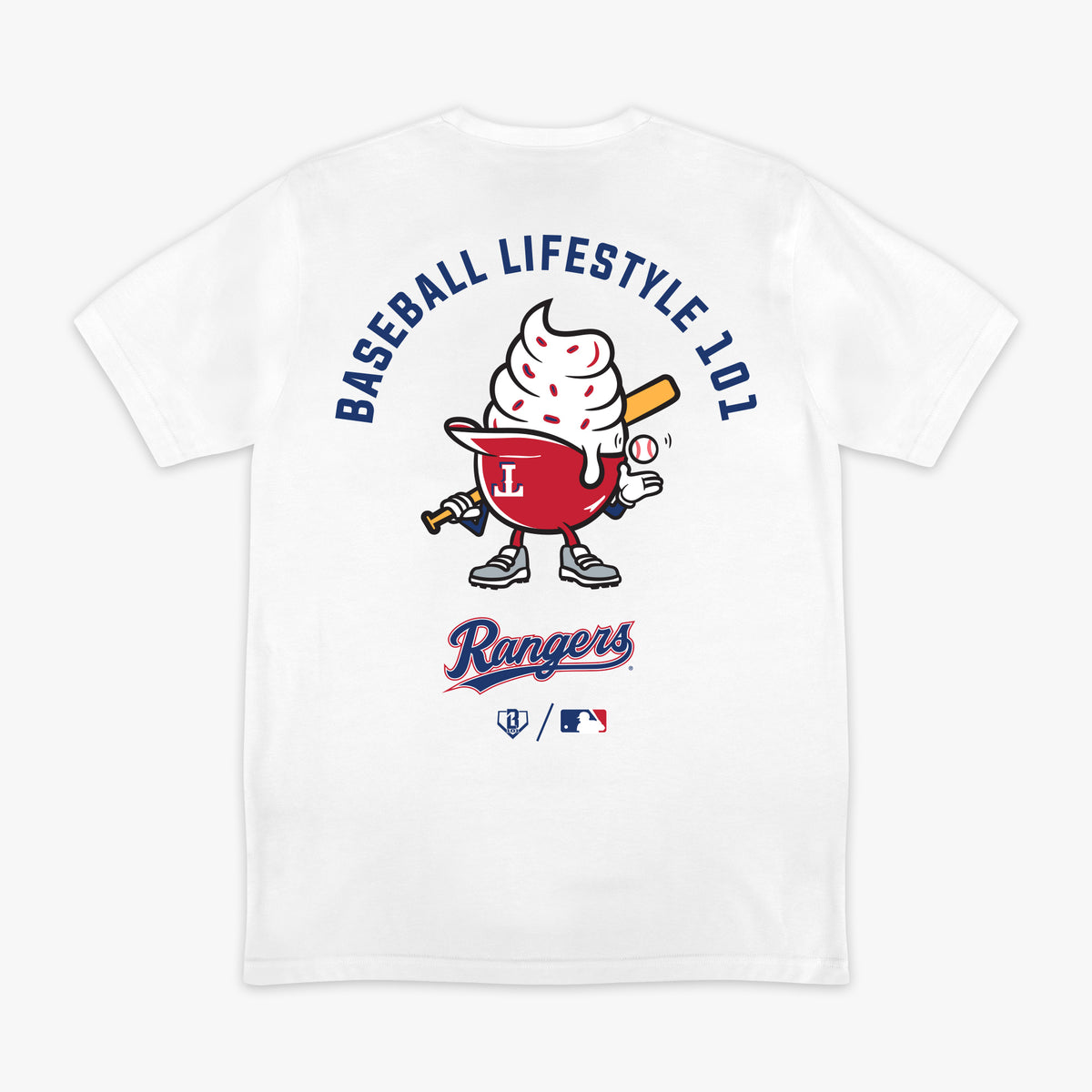 White graphic tee with "Texas Rangers Ice Cream Cap" design - back view