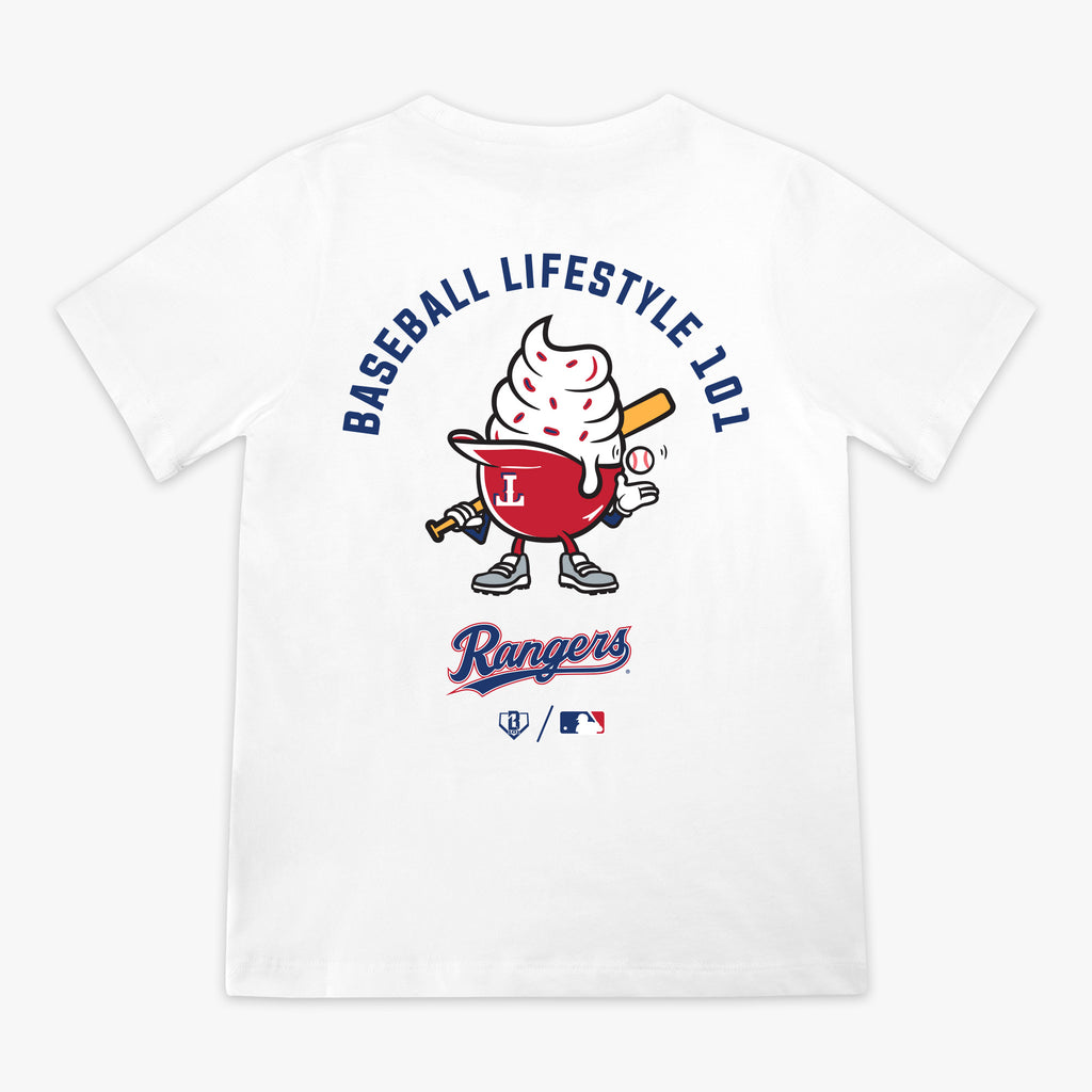 White youth graphic tee with "Texas Rangers Ice Cream Cap" design - back view