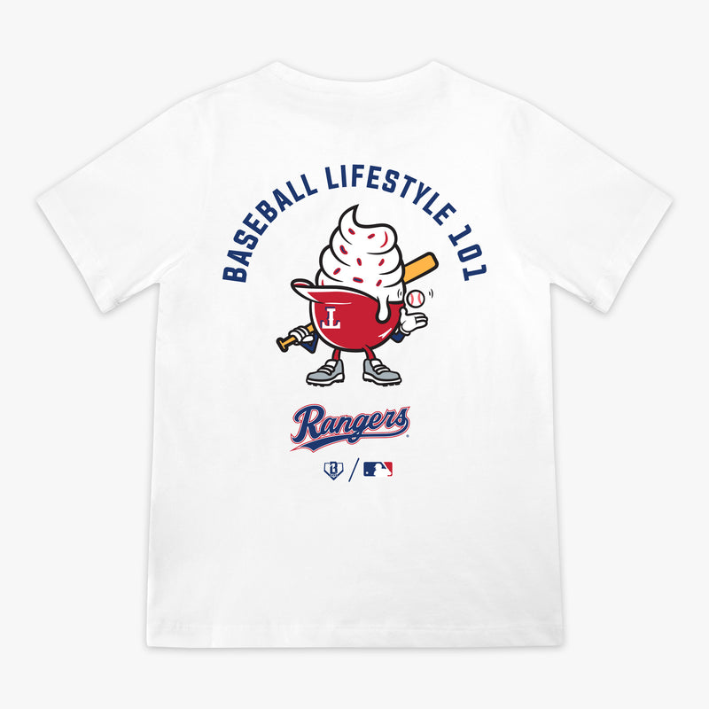 White youth graphic tee with "Texas Rangers Ice Cream Cap" design - back view
