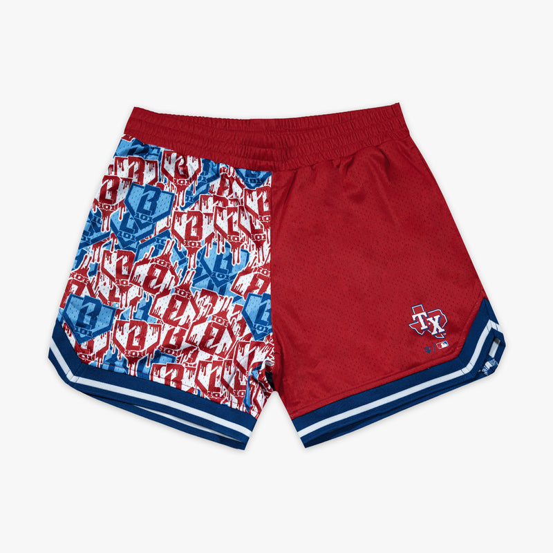 Red youth shorts with "Texas Rangers Sticker Court" design - front view