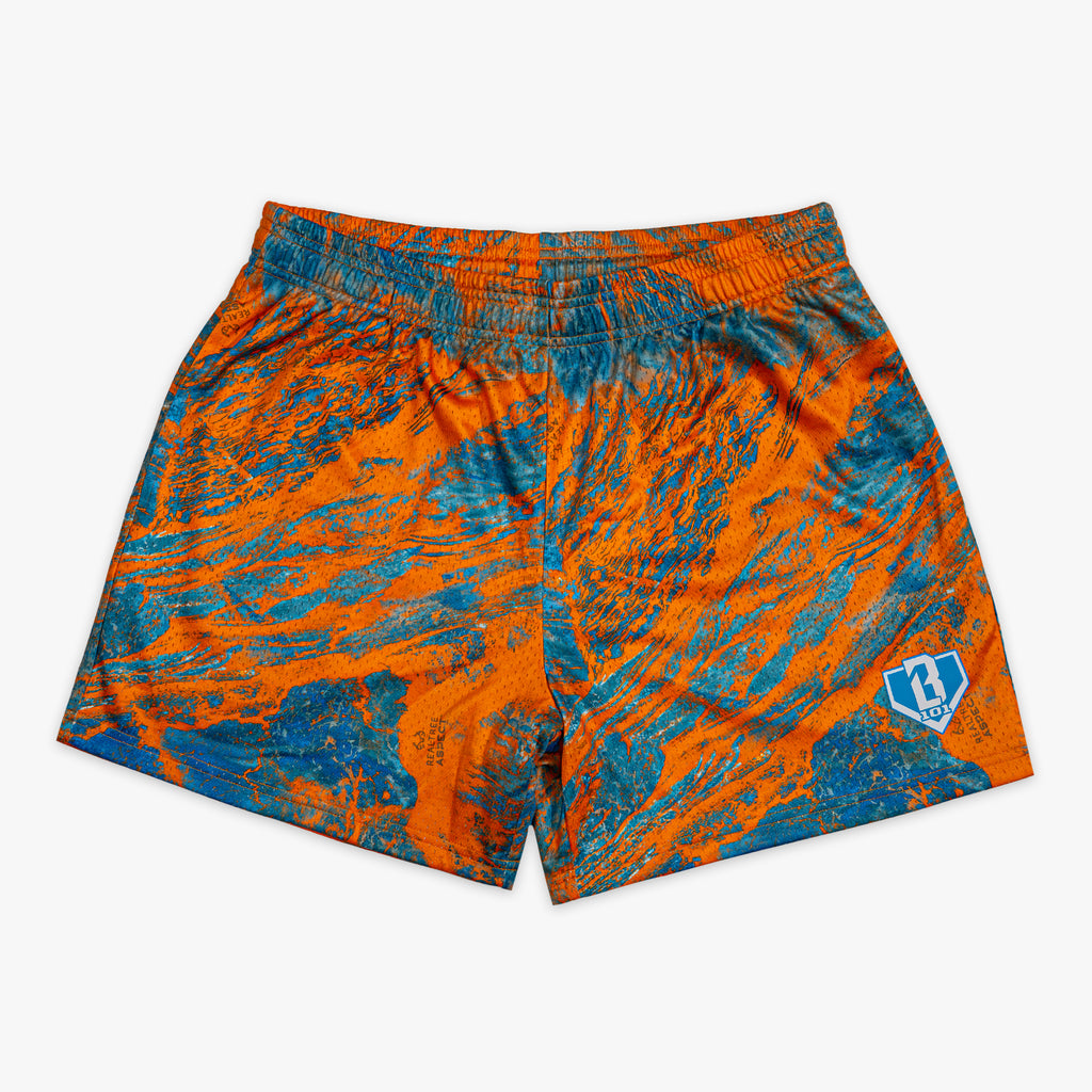 Orange and blue marble patterned shorts on a white background