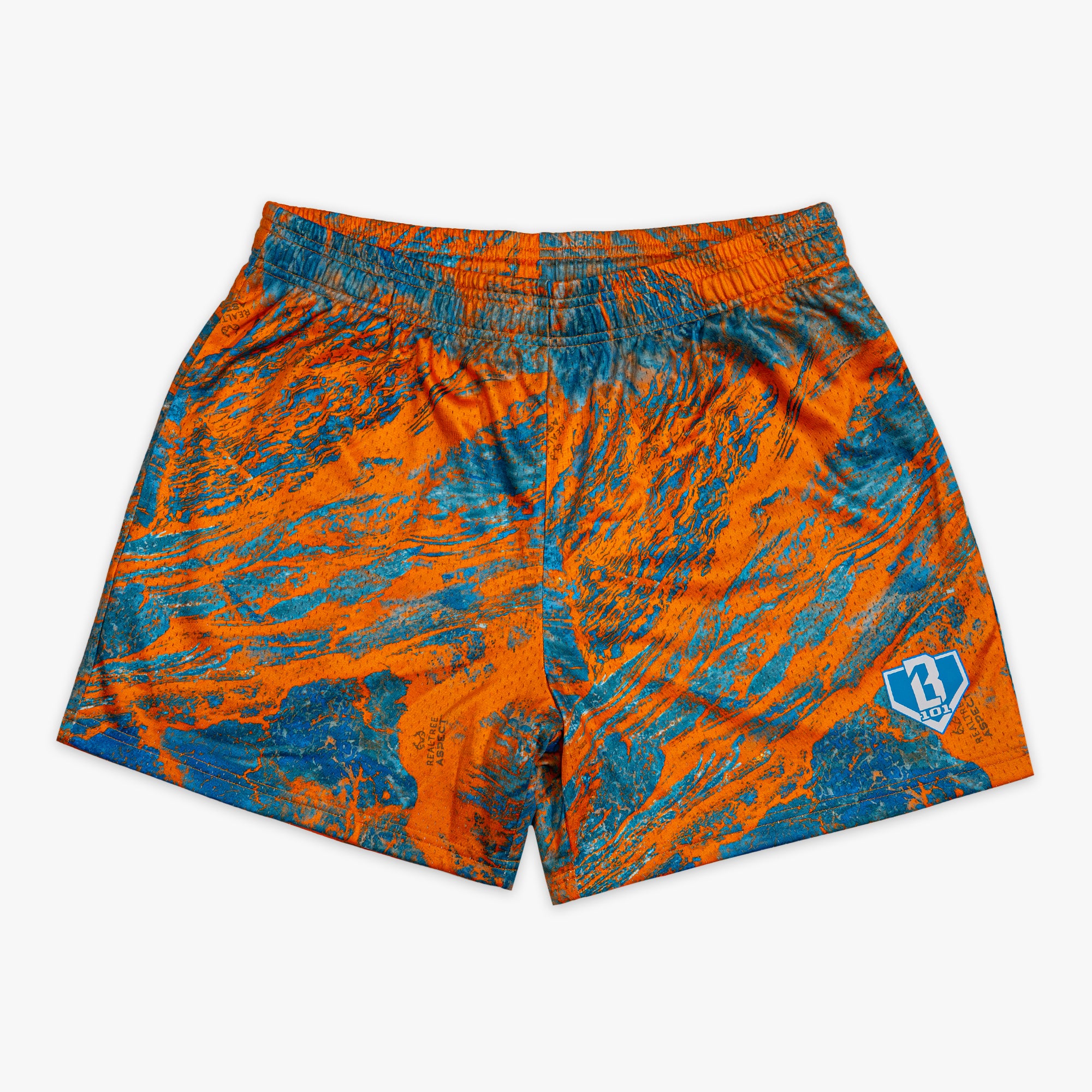 Orange and blue marble patterned shorts on a white background