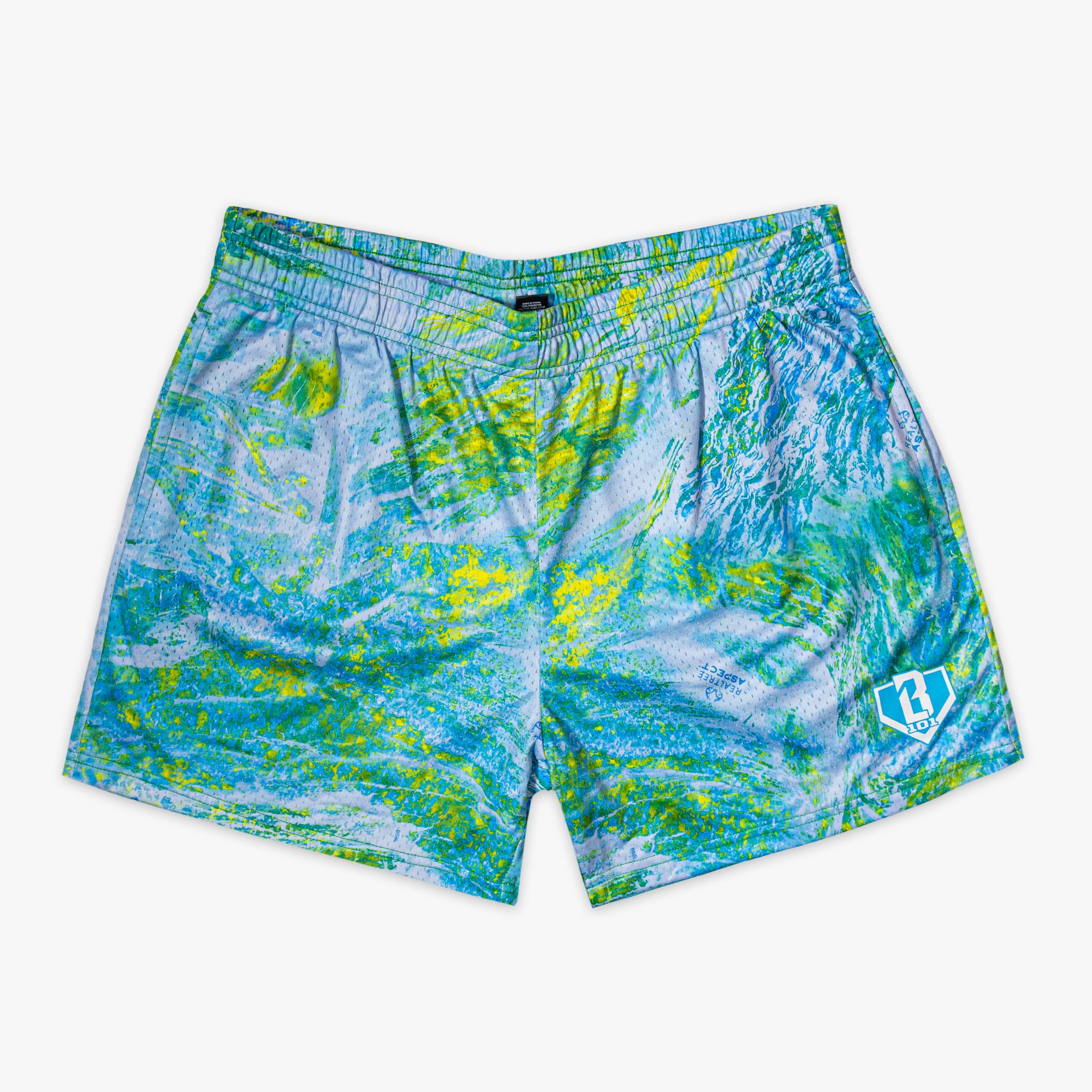 Blue and green marble patterned shorts with BL101 logo on a white background