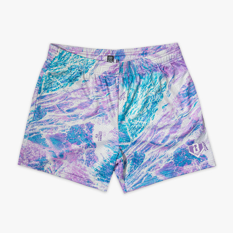 Marbled purple, white and blue shorts on a white background