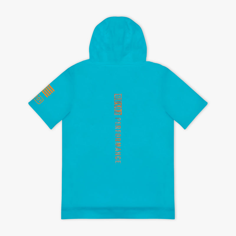 Turquoise hoodie with orange 'BL101 PERFORMANCE' text and logo on back