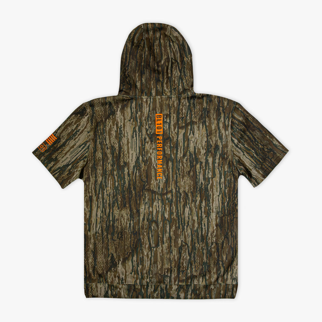 Camouflage hoodie with orange 'BL101 PERFORMANCE' text on a white background