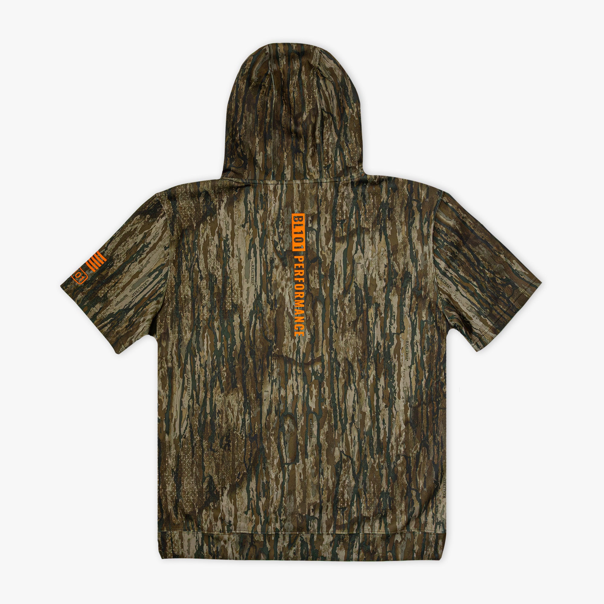 Camouflage hoodie with orange 'BL101 PERFORMANCE' text on a white background