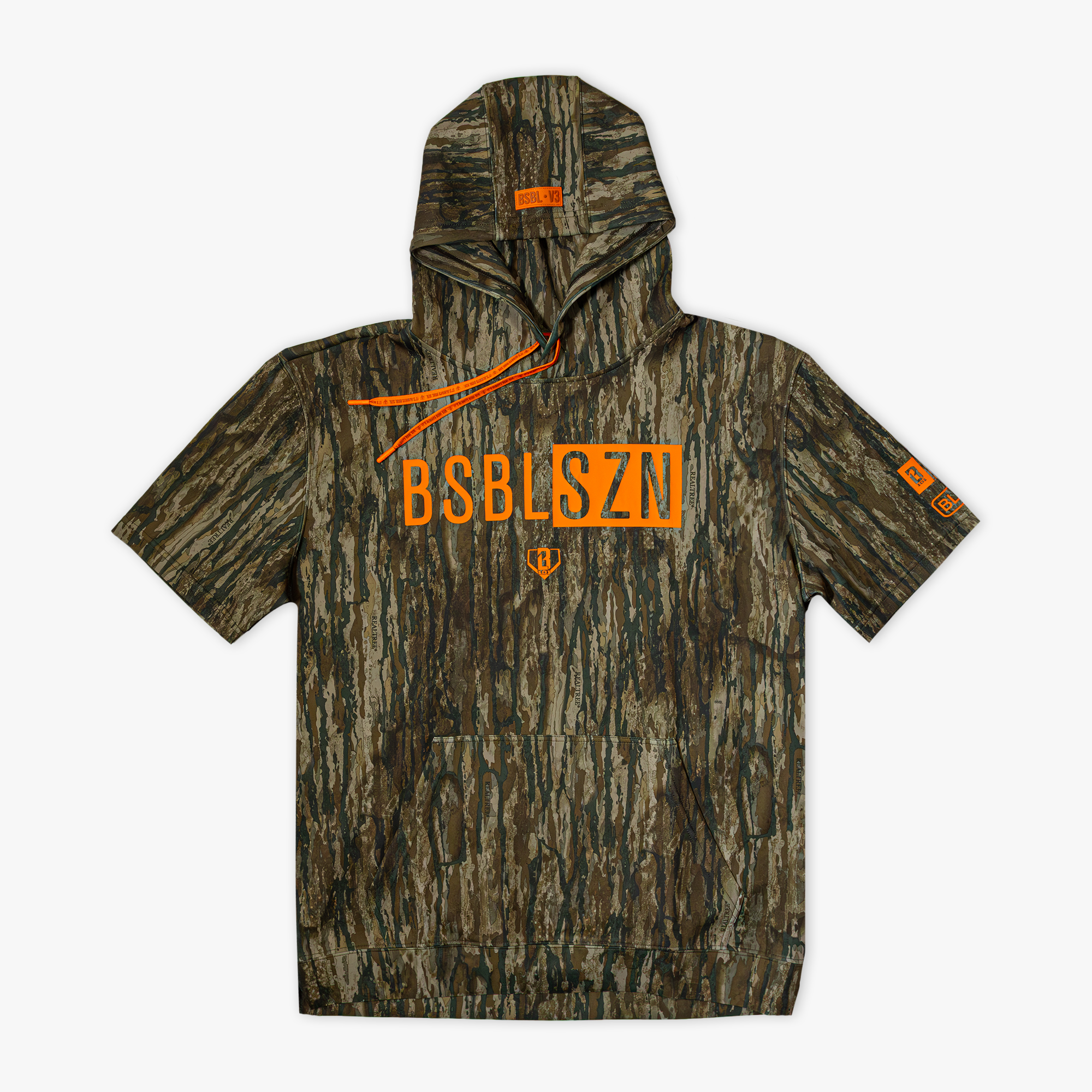 Camouflage hoodie with orange 'BSBL SZN' text on a white background