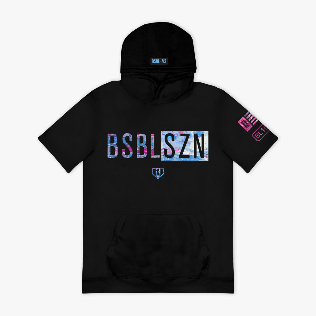 Black hoodie with colorful pink and blue BSBLSZN text and logos on a white background