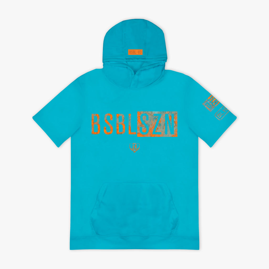 Turquoise hoodie with orange 'BSBLSZN' text and logo on a white background