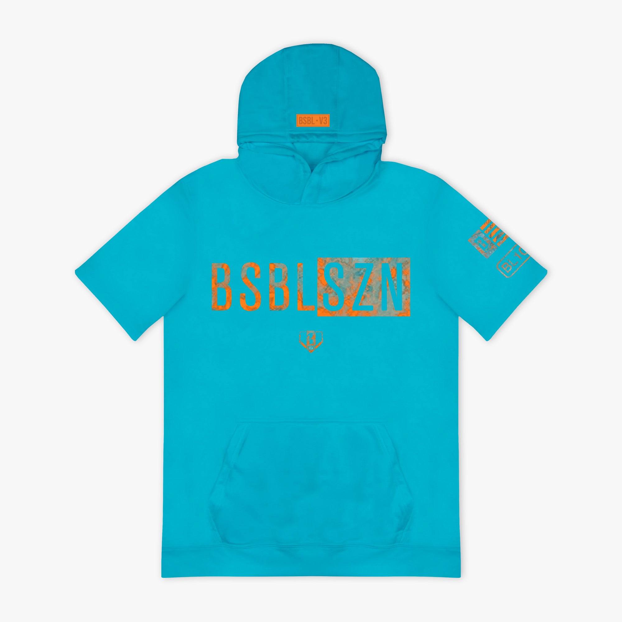 Turquoise hoodie with orange 'BSBLSZN' text and logo on a white background