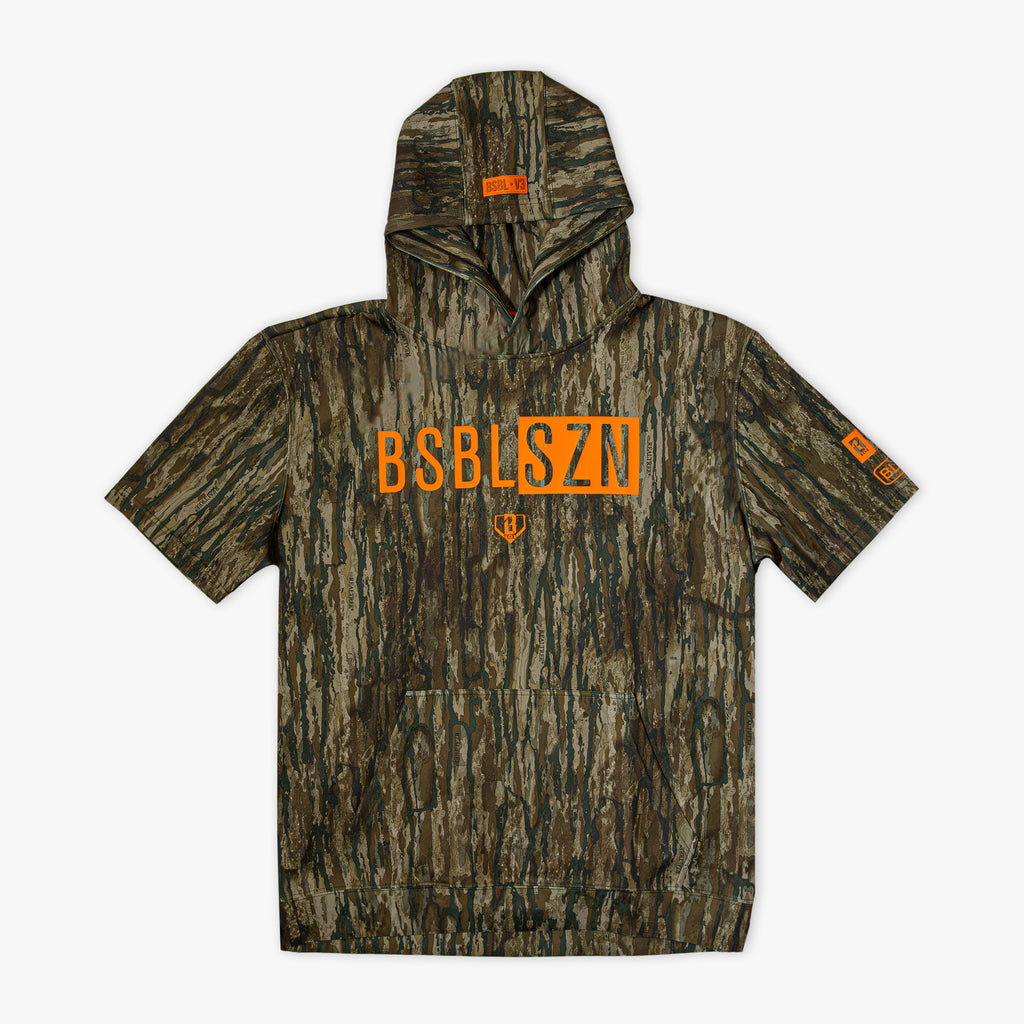 Camouflage hoodie with orange BSBLSZN text on chest, on a white background