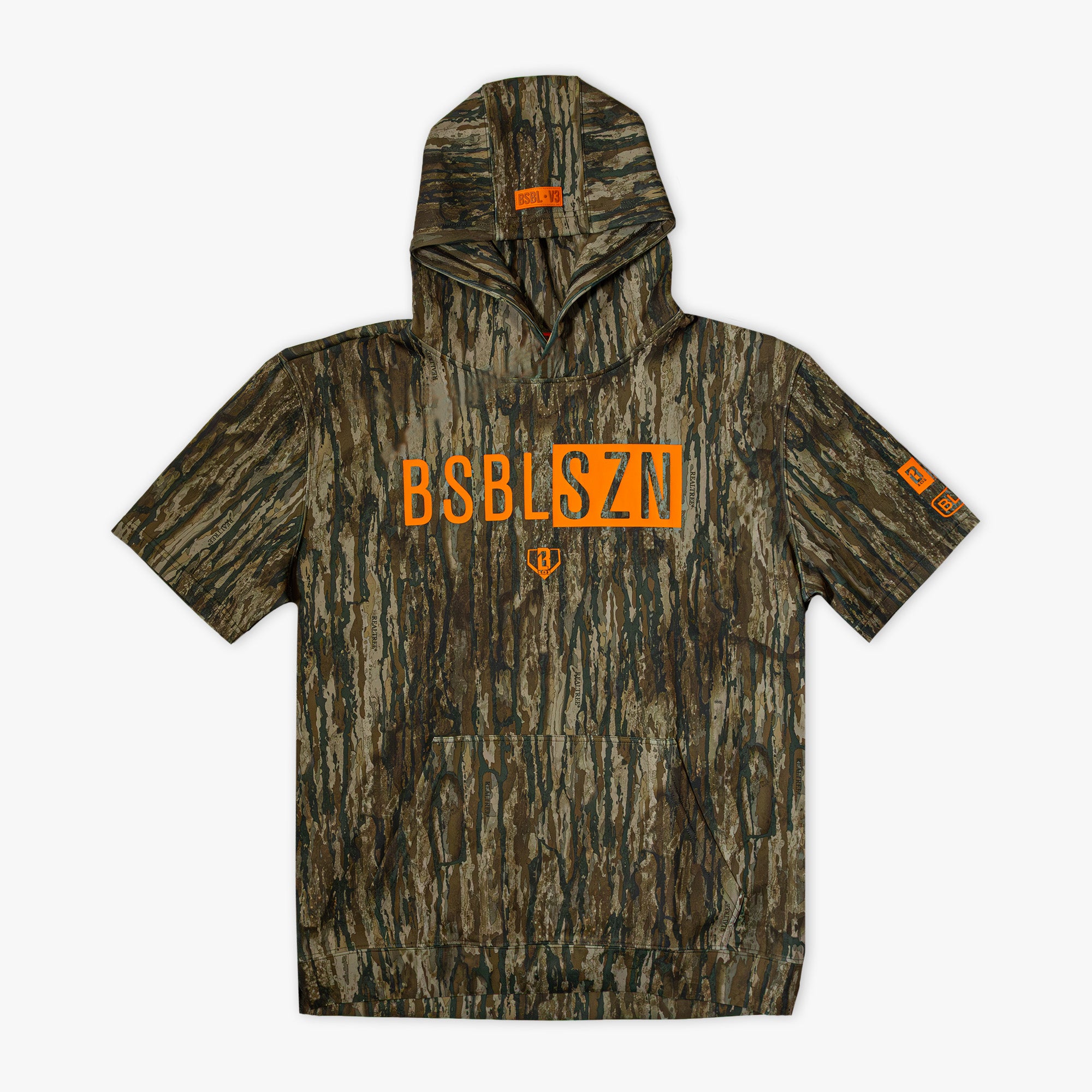 Camouflage hoodie with orange BSBLSZN text on chest, on a white background