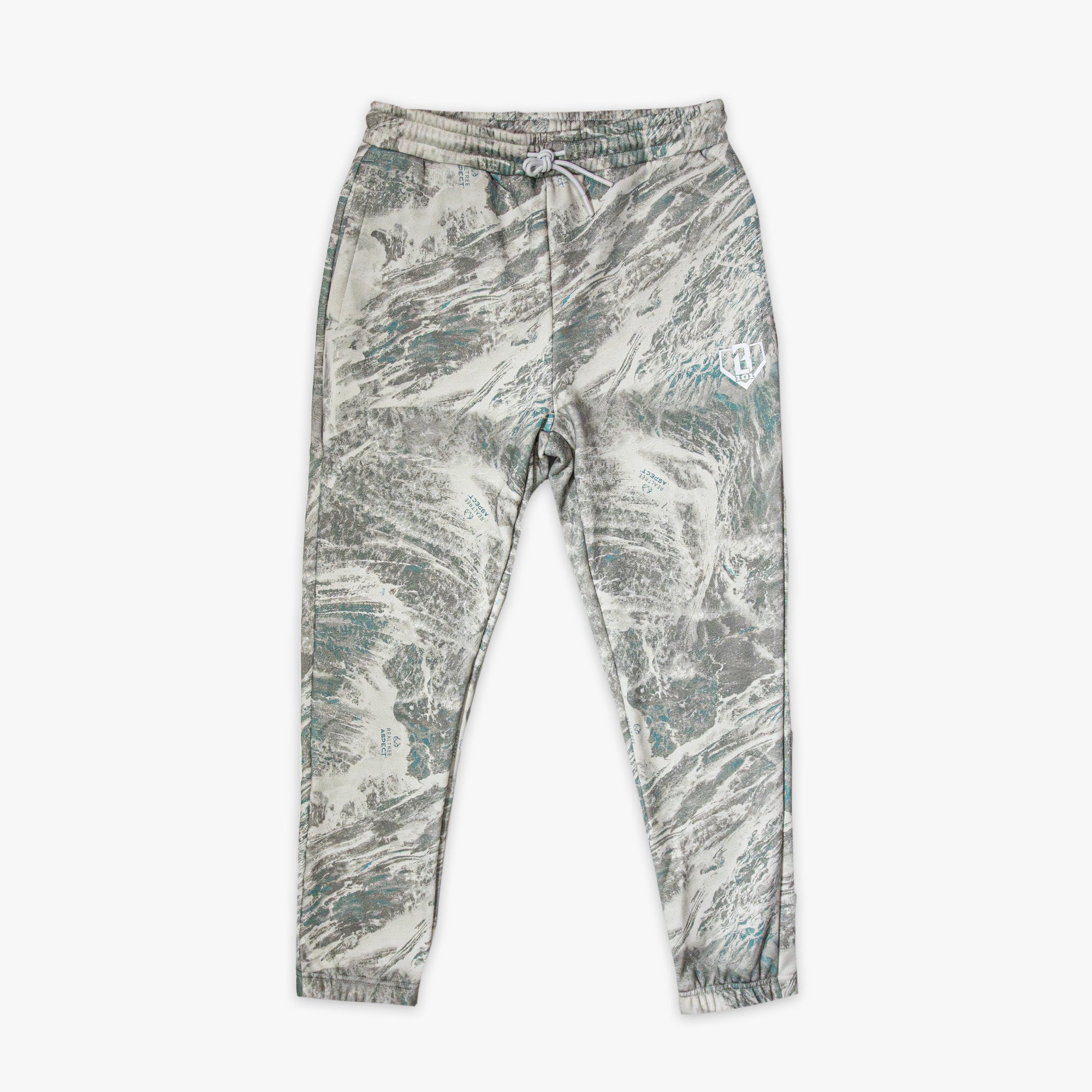 Marbled patterned grey pants with white BL101 logo on a white background
