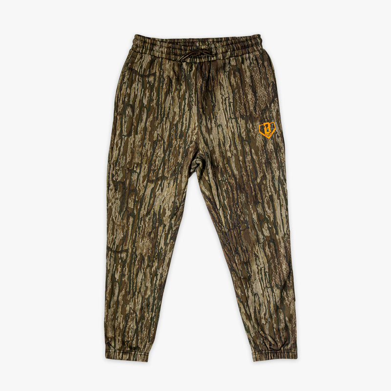 Camouflage pants with a orange BL101 logo on a white background