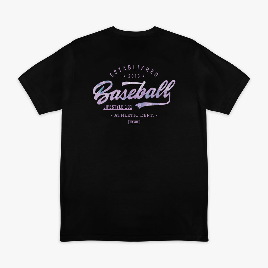 Black t-shirt with purple 'baseball Lifestyle  101 Athletic Dept.' text on a white background