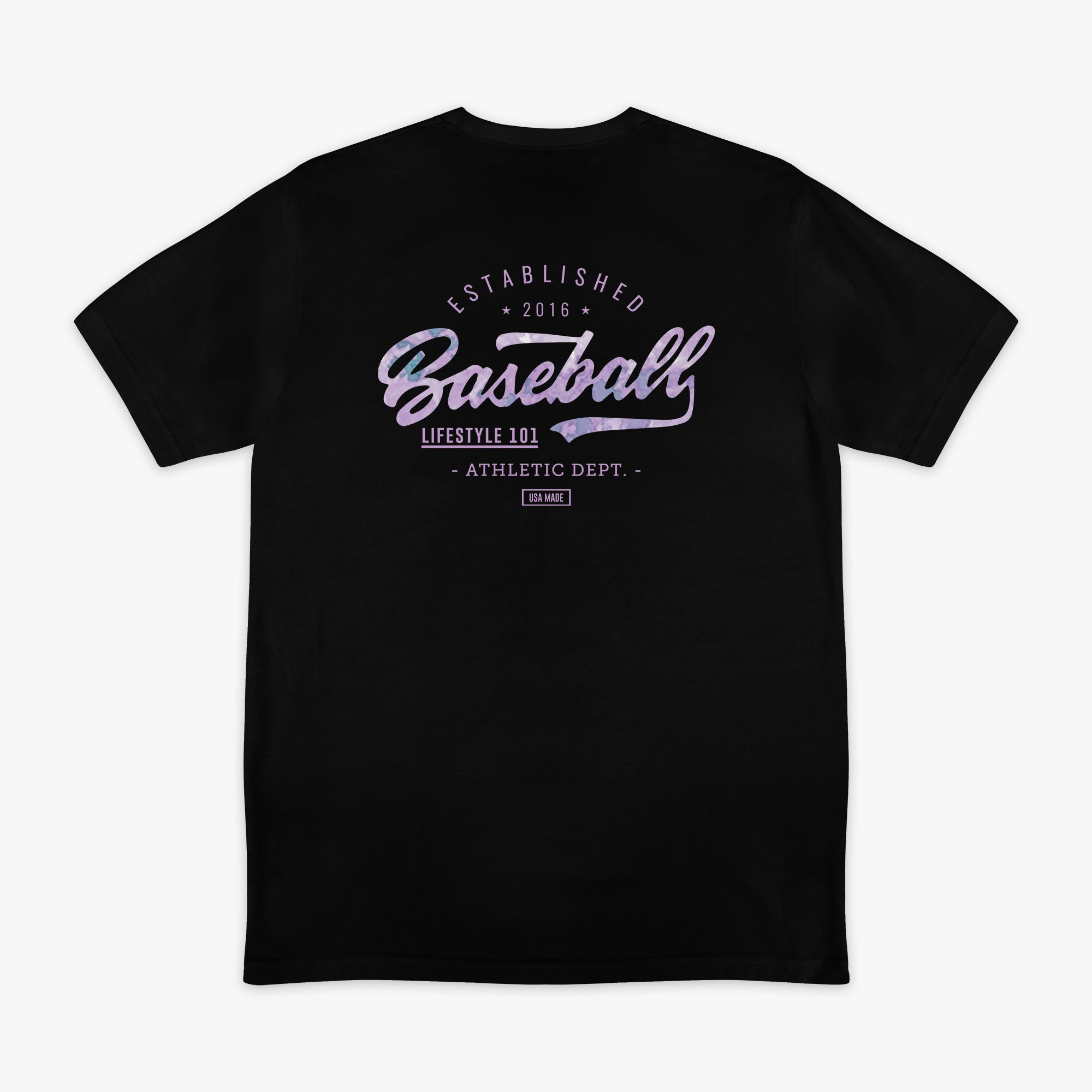 Black t-shirt with purple 'baseball Lifestyle  101 Athletic Dept.' text on a white background
