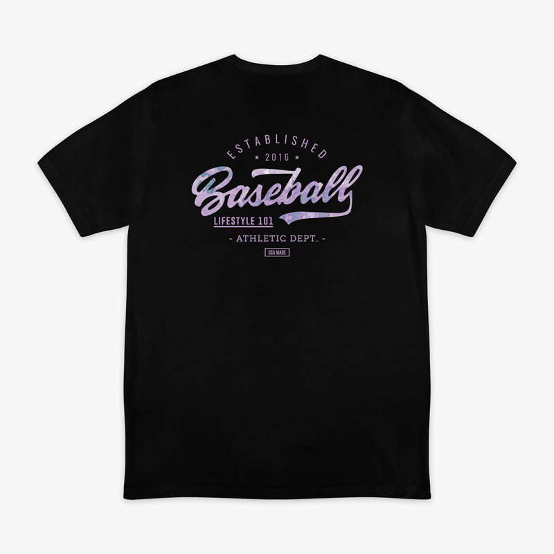 Black t-shirt with purple 'baseball Lifestyle  101 Athletic Dept.' text on a white background