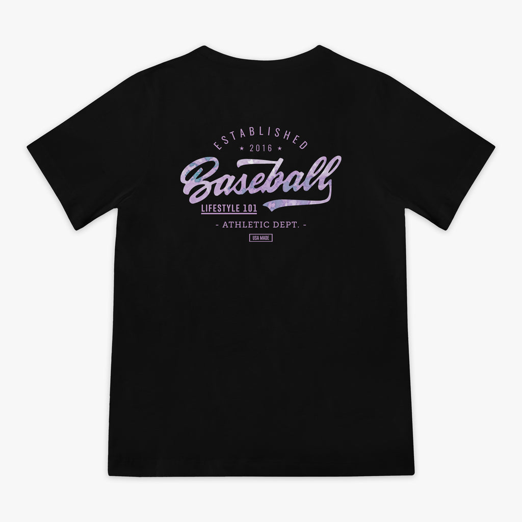 Black t-shirt with purple 'baseball Lifestyle  101 Athletic Dept.' text on a white background