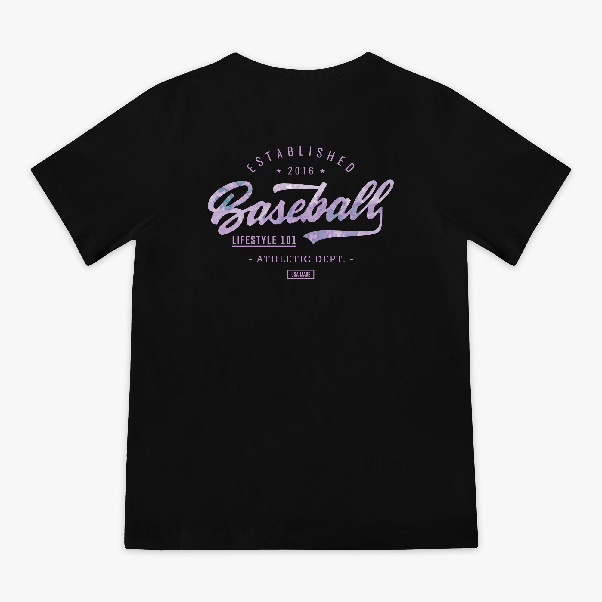 Black t-shirt with purple 'baseball Lifestyle  101 Athletic Dept.' text on a white background
