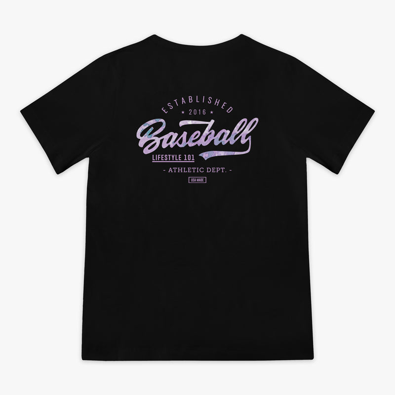Black t-shirt with purple 'baseball Lifestyle  101 Athletic Dept.' text on a white background