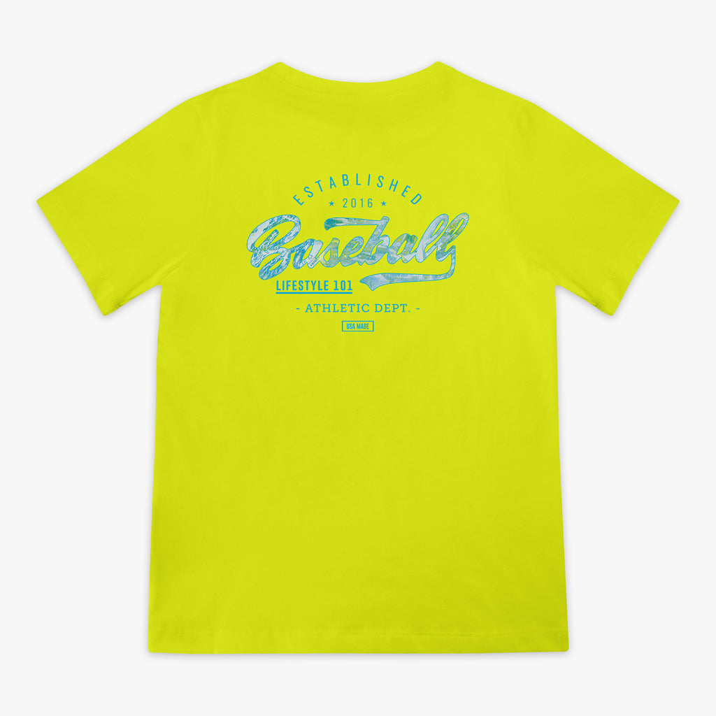 Yellow t-shirt with blue 'Baseball Lifestyle 101 Athletic Dept.' text on a white background