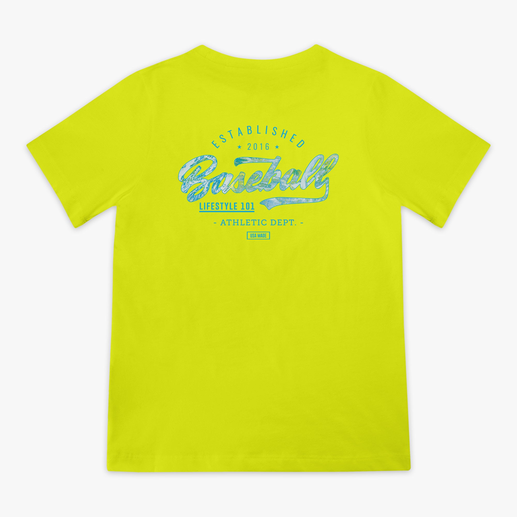 Yellow t-shirt with blue 'Baseball Lifestyle 101 Athletic Dept.' text on a white background