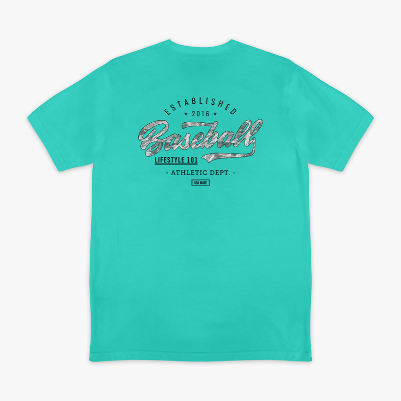 Teal t-shirt with 'Baseball Lifestyle 101 Athletic Dept.' text on the back against a white background