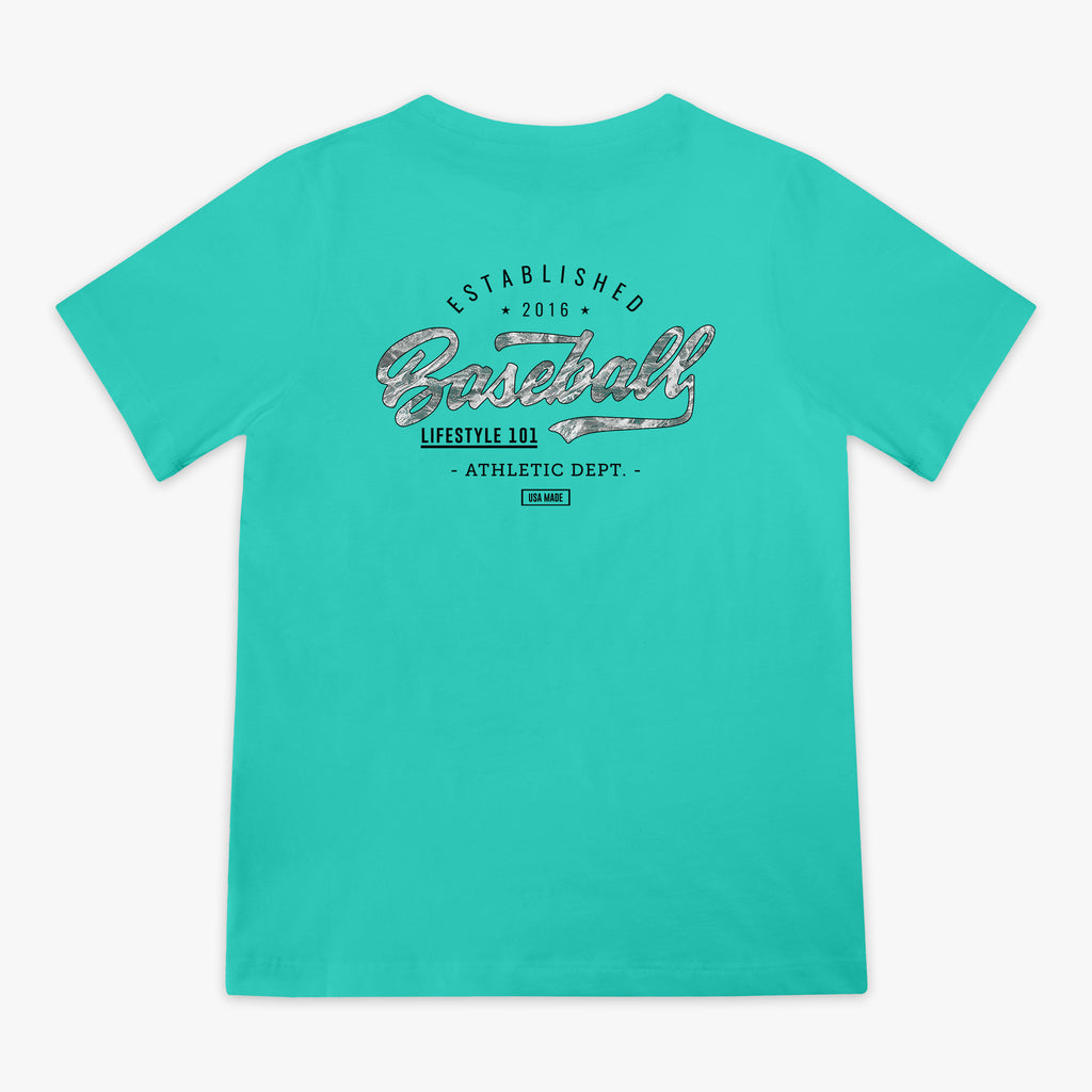 Teal t-shirt with 'Baseball Lifestyle 101 Athletic Dept.' text on the back against a white background