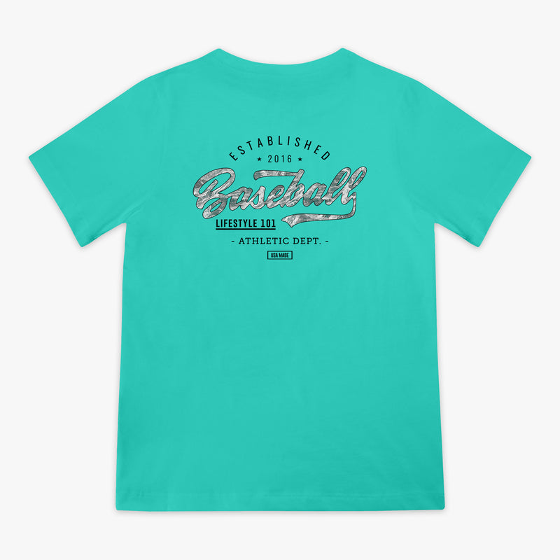 Teal t-shirt with 'Baseball Lifestyle 101 Athletic Dept.' text on the back against a white background