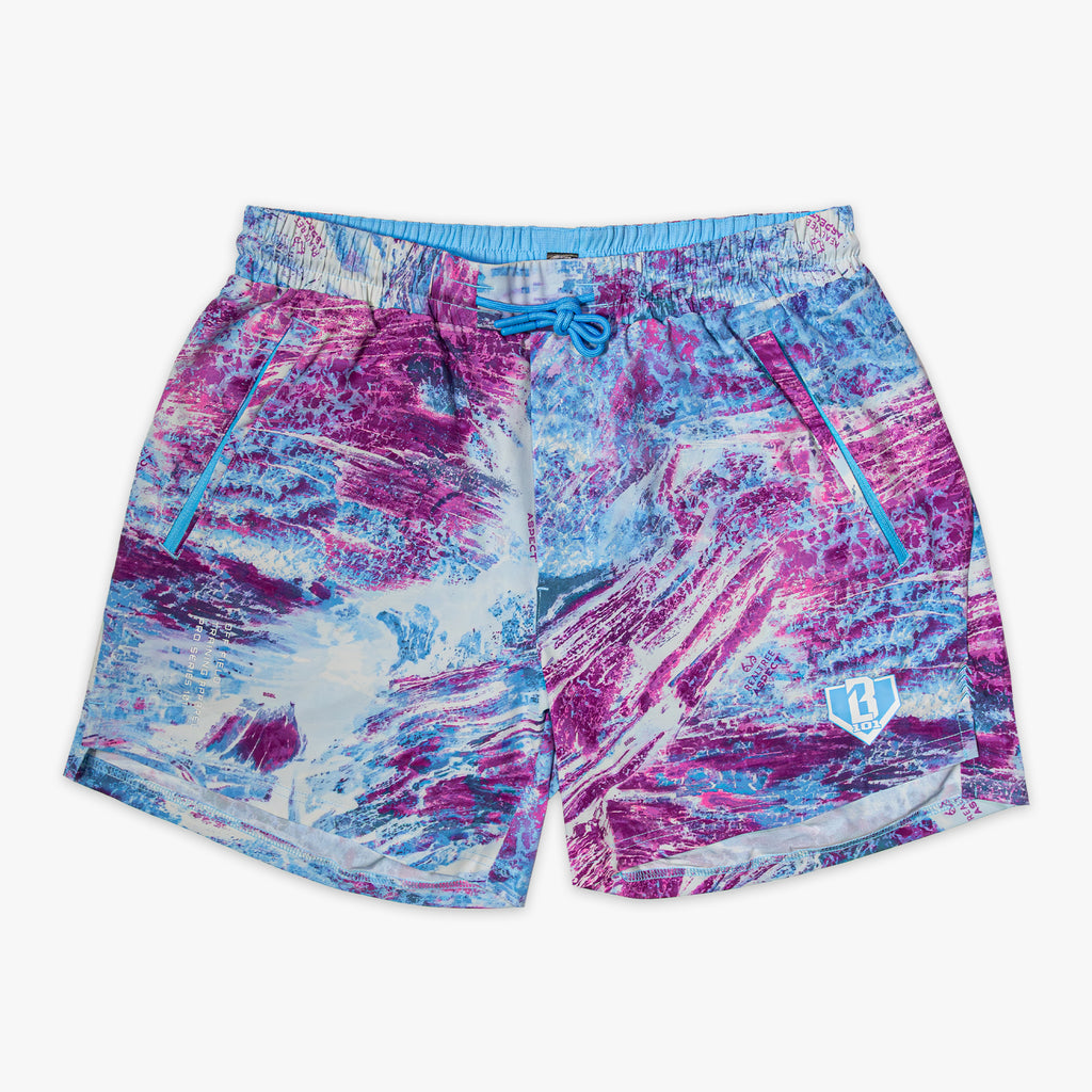 Blue, pink and purple shorts with a marble pattern on a white background