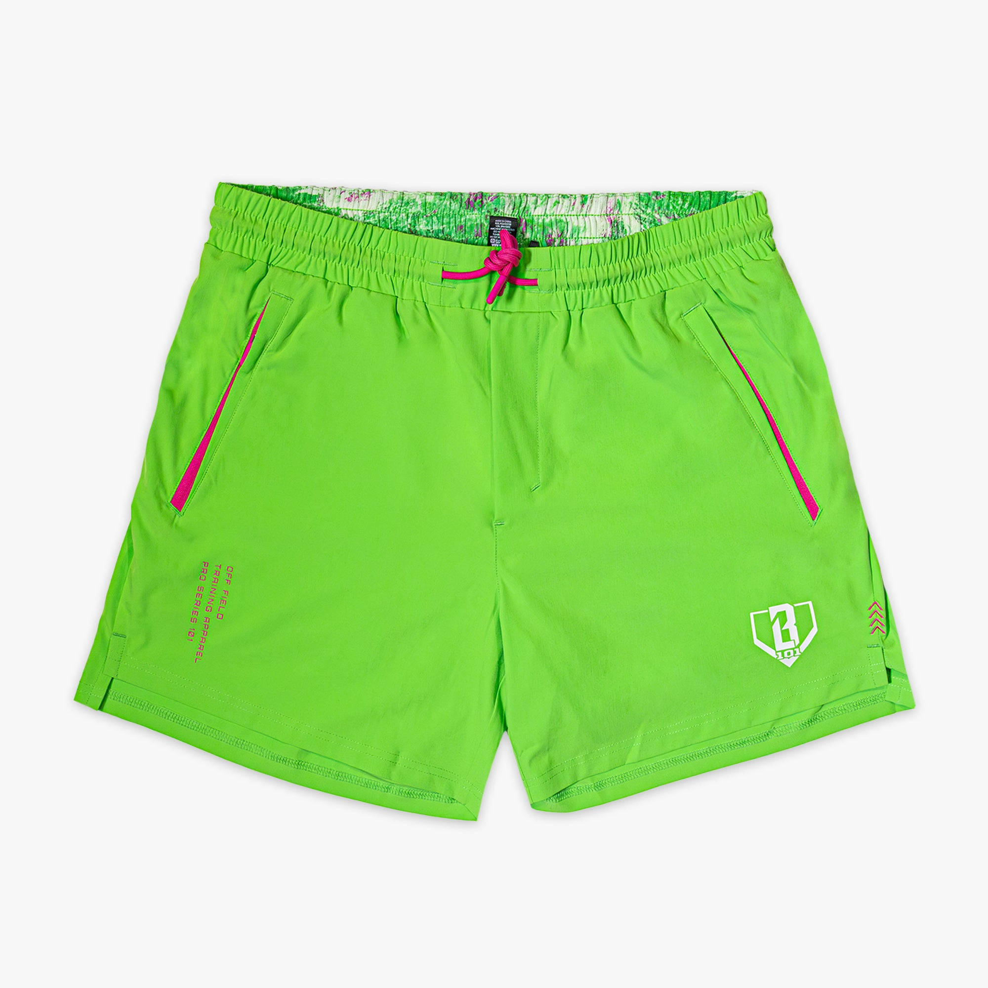 Green shorts with pink accents on a white background