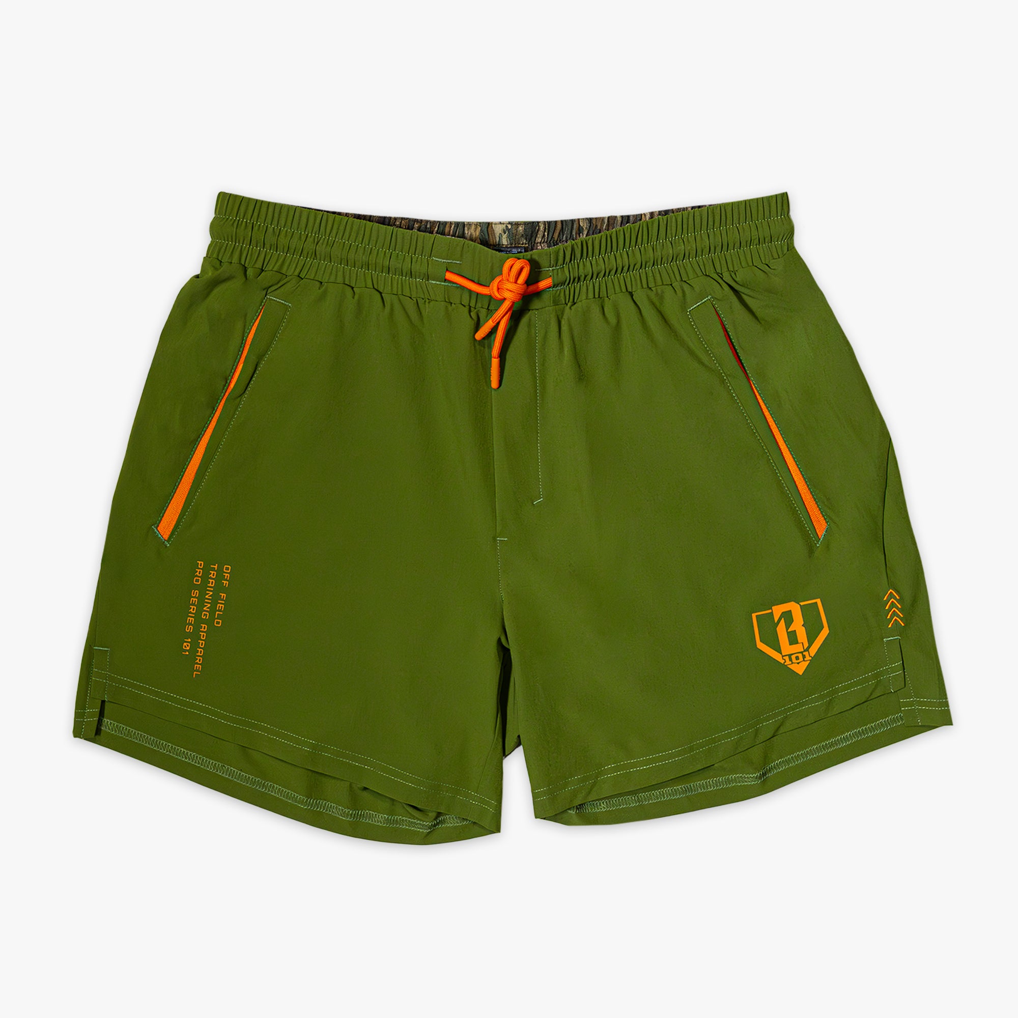 Green shorts with orange accents on a white background