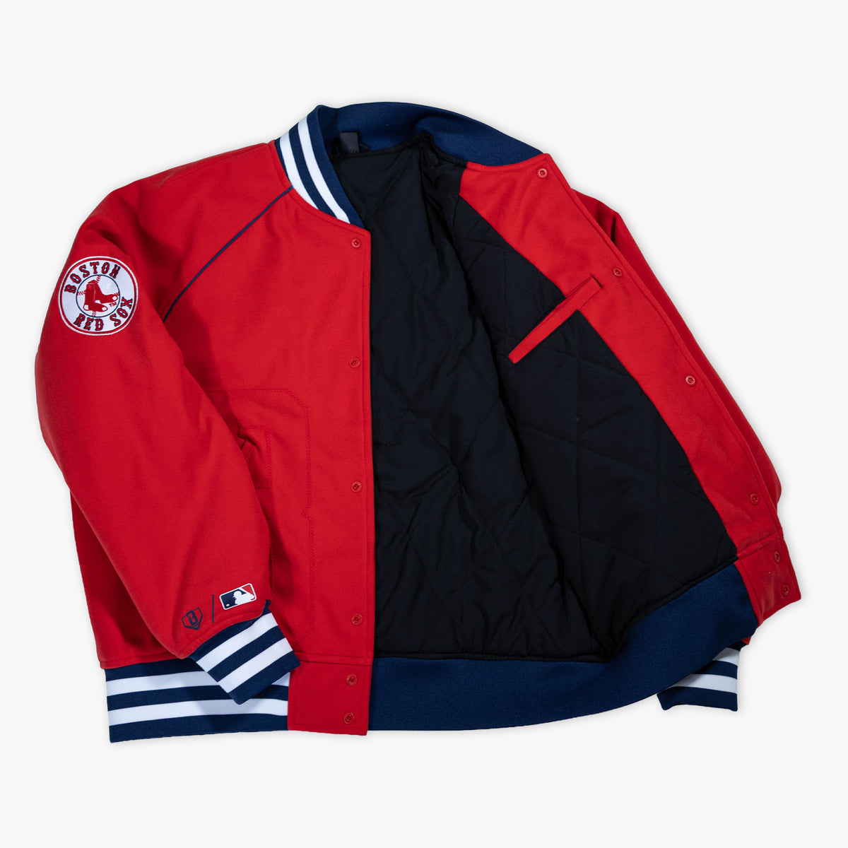 Red Boston Red Sox Stadium youth bomber jacket — inside lining view