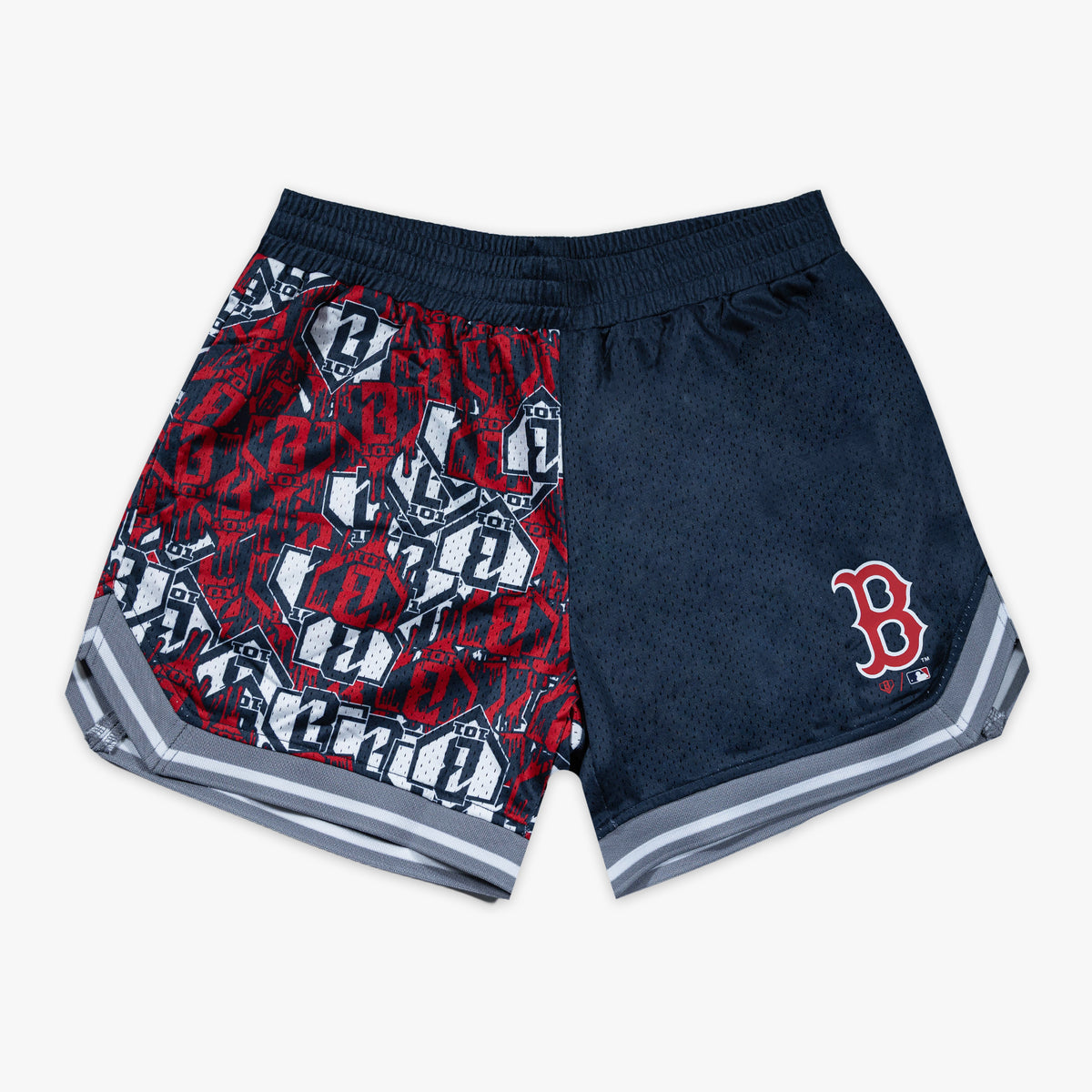 Navy shorts with "Boston Red Sox Sticker Court" design - front view