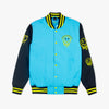 Blue, yellow and black varsity jacket with yellow smiley face on a white background
