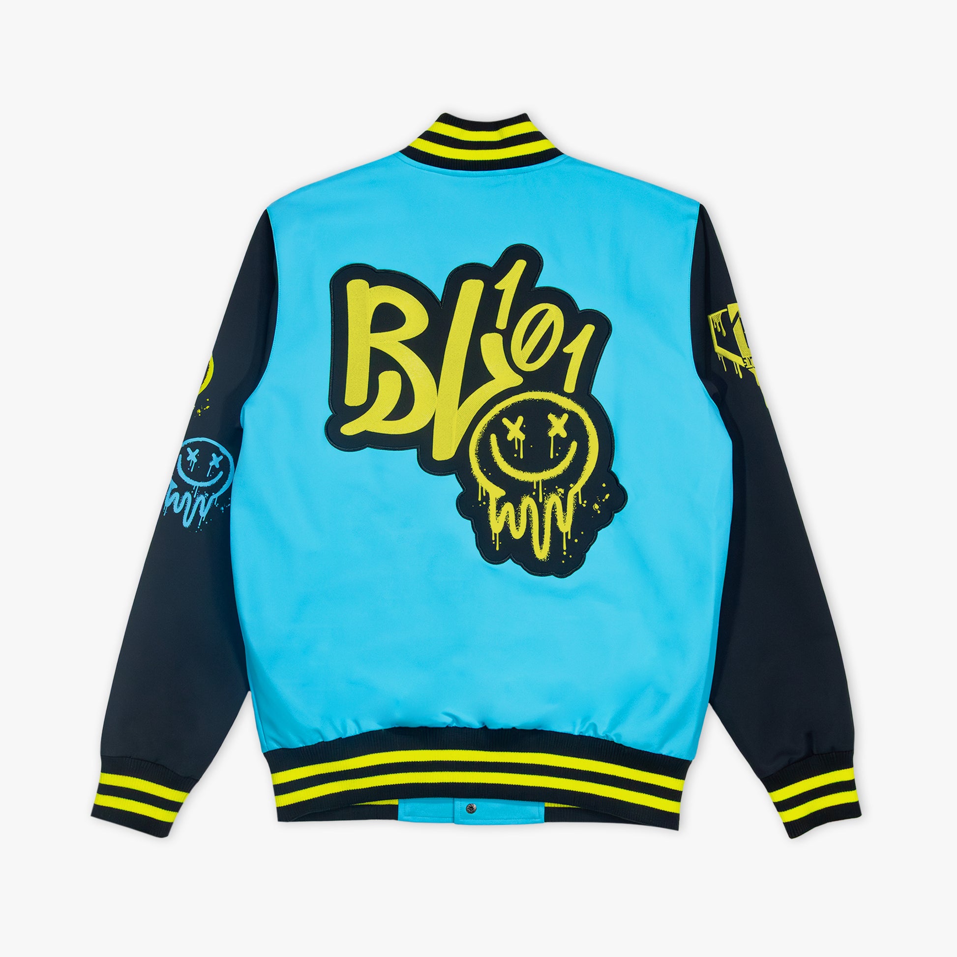 Blue and black jacket with yellow accents and yellow BL101 logo on a white background