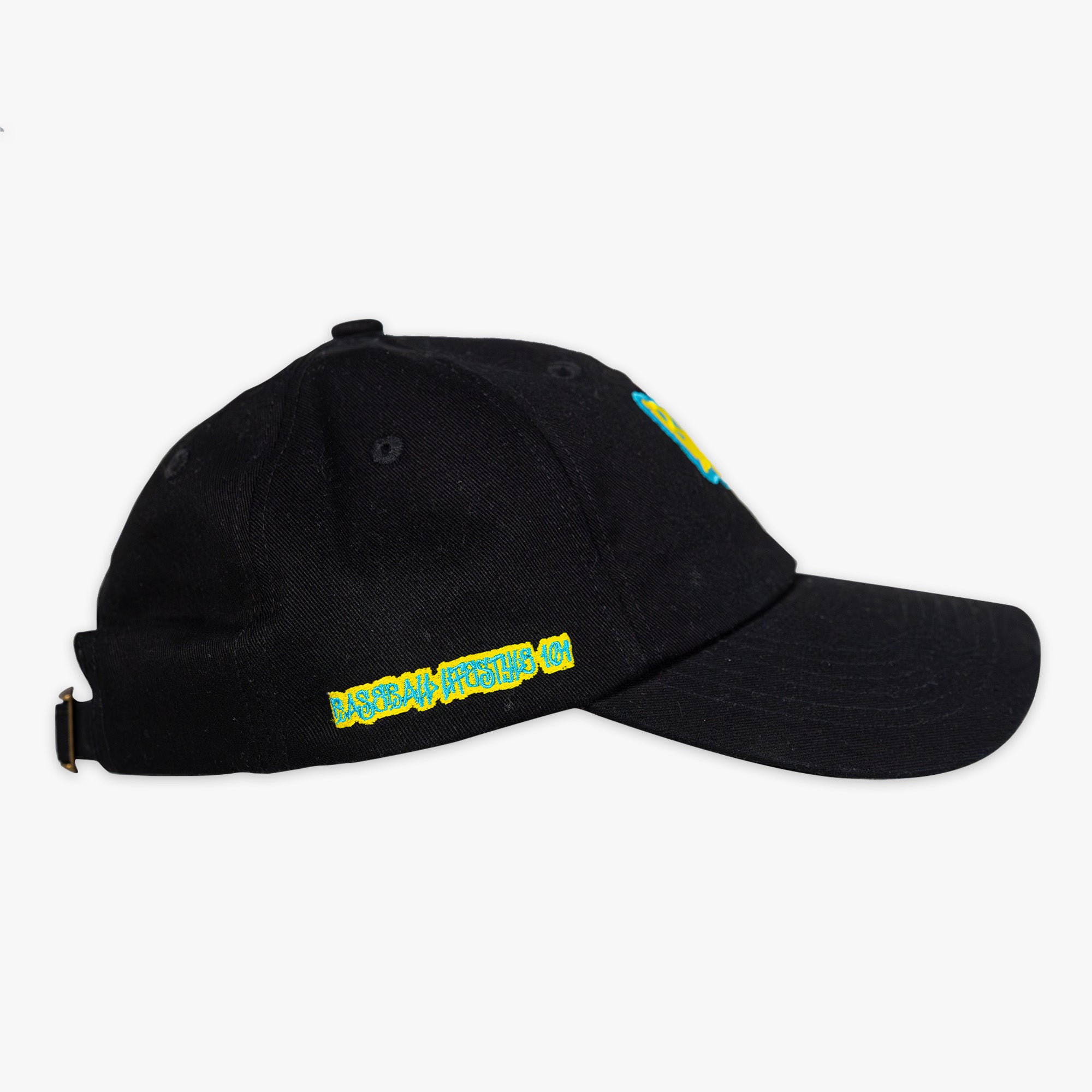 Black cap with yellow 'Baseball Lifestyle 101' text on a white background