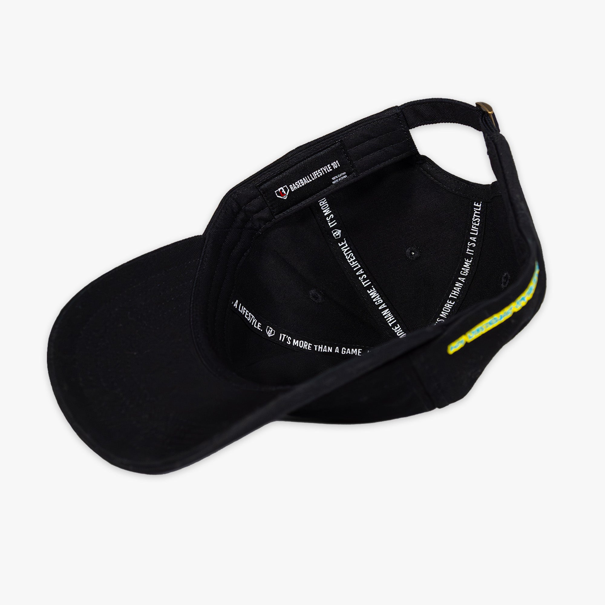 Black cap with 'Baseball Lifestyle 101' tag' on a white background
