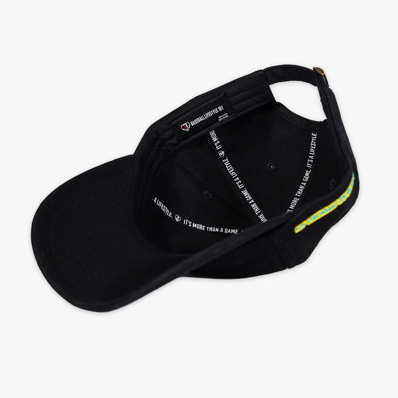 Black cap with 'Baseball Lifestyle 101' tag' on a white background