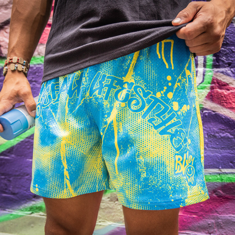 Retro Graffiti Shorts - Blue/Yellow