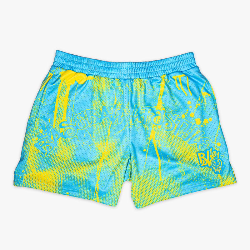Retro Graffiti Youth Shorts - Blue/Yellow