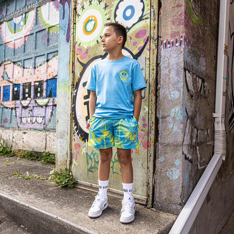 Retro Graffiti Youth Shorts - Blue/Yellow
