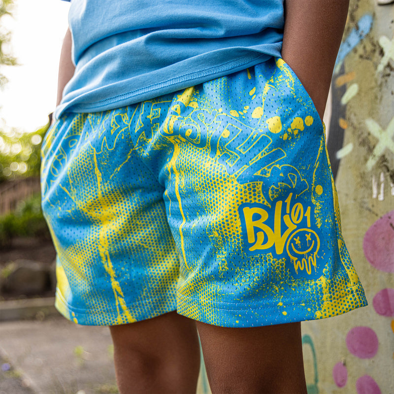 Retro Graffiti Youth Shorts - Blue/Yellow