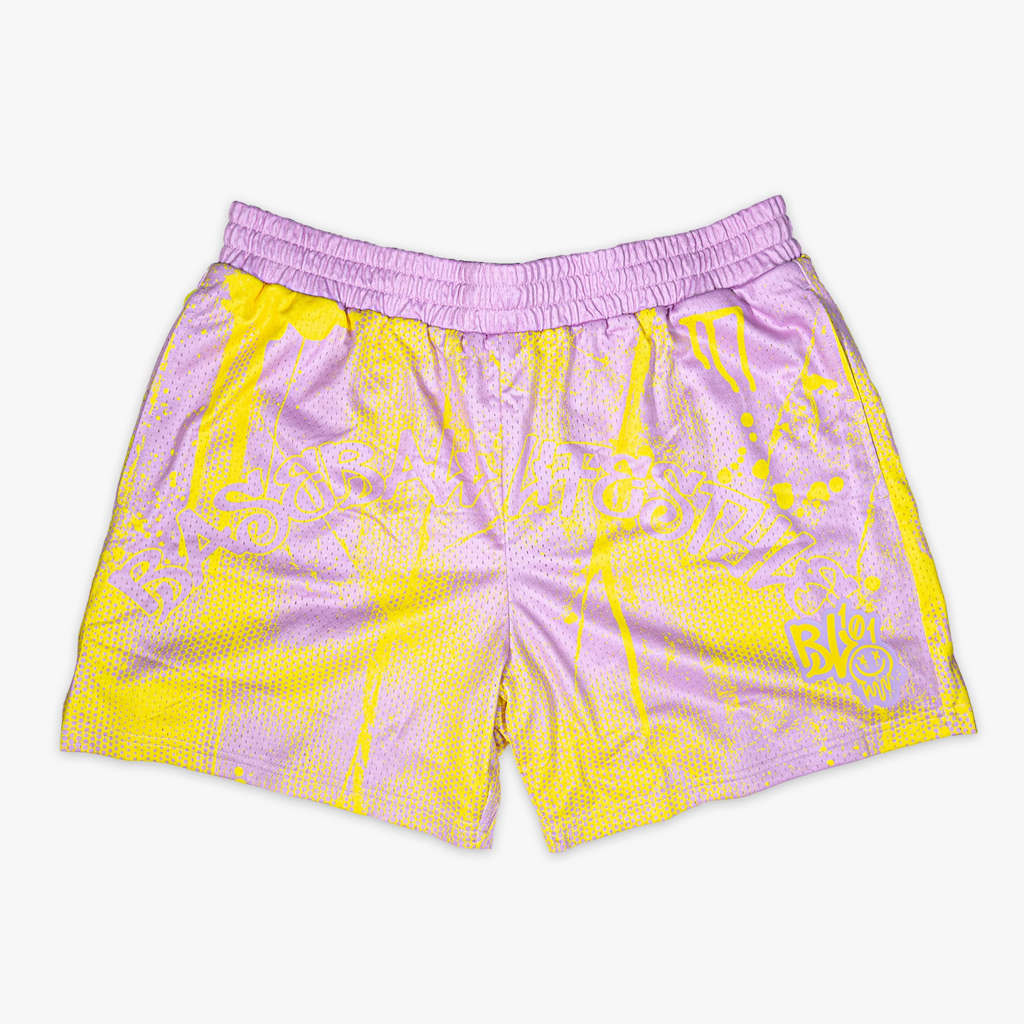 Pink and yellow Retro Graffiti shorts — front view