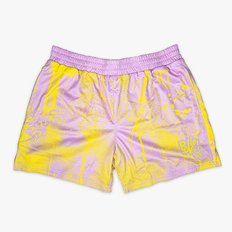 Pink and yellow Retro Graffiti shorts — front view