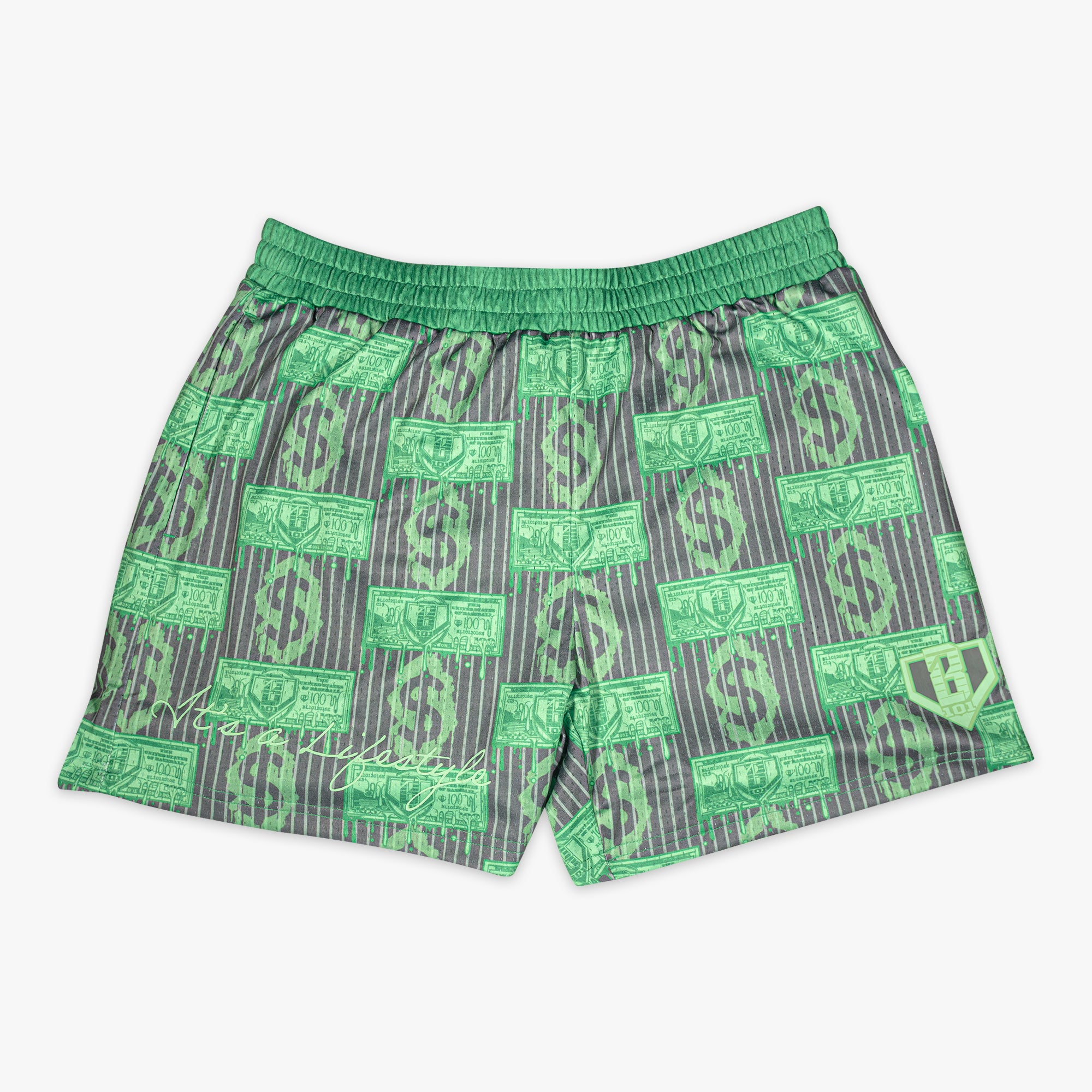 Green and gray shorts with dollar bill pattern on a white background